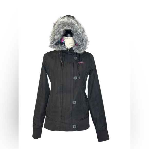 Women's Black Jacket with Faux Fur Hood - Picture 1 of 9